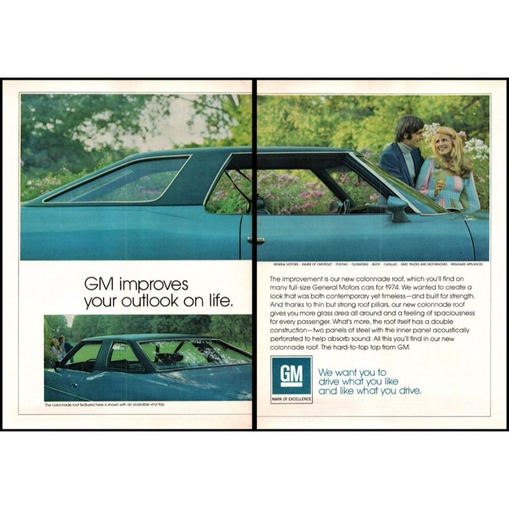 1974 GM General Motor Colonnade Roof Malibu 2 Page Vintage Print Ad Wall Art